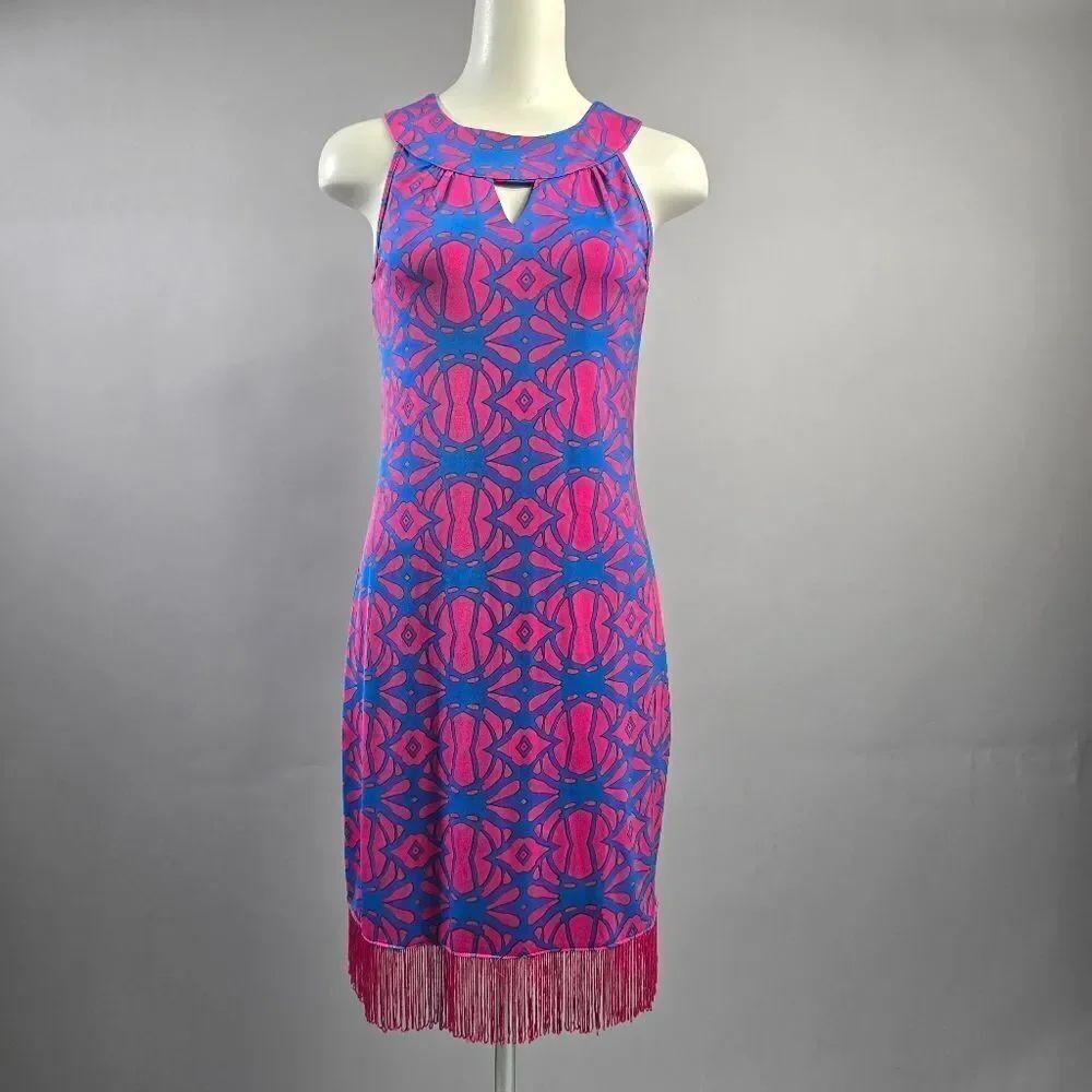 Tracy Negoshian Pink and Blue Geometric Midi Dress R8